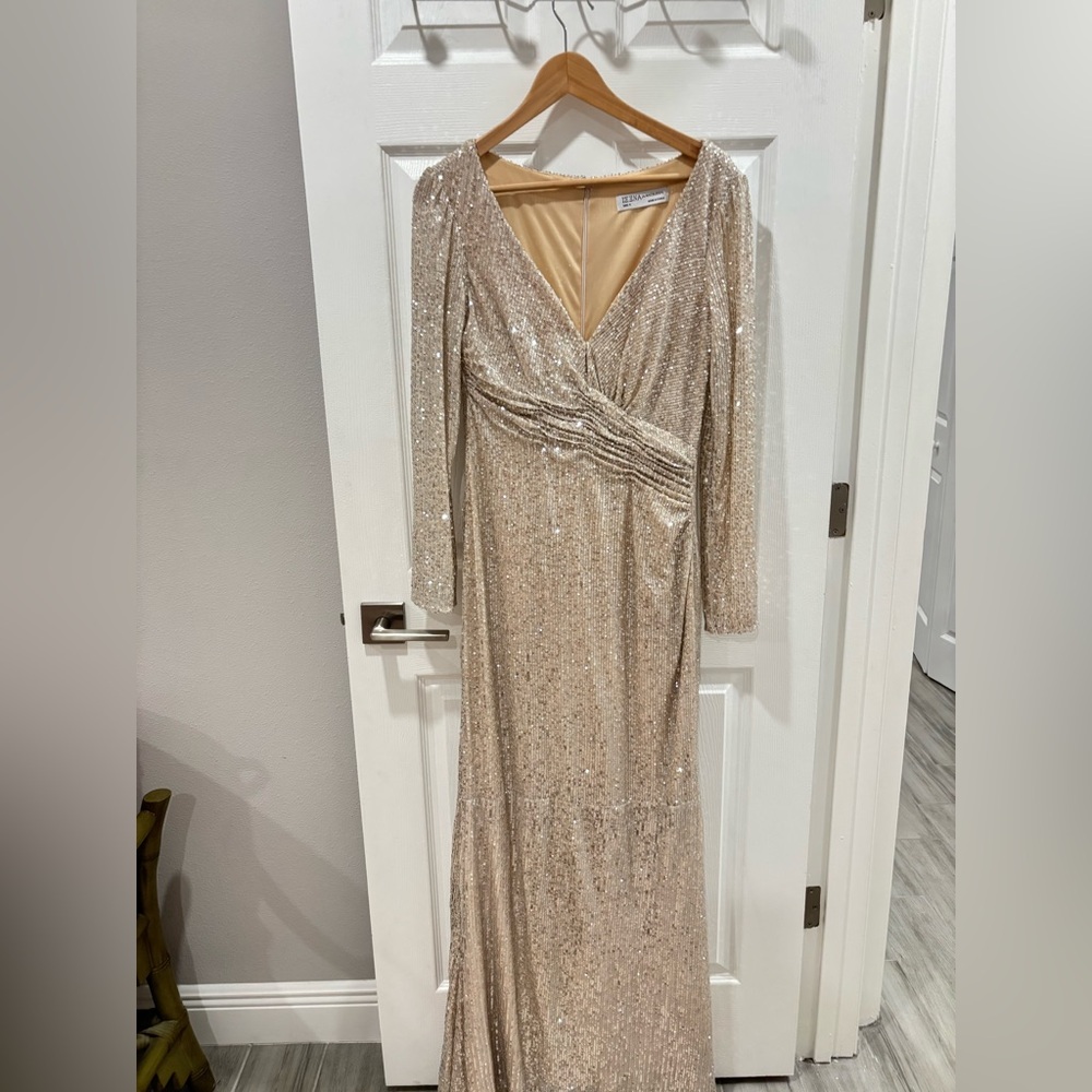 Sequined Long Sleeve V-Neck Evening Dress - Champagne - Picture 6 of 13